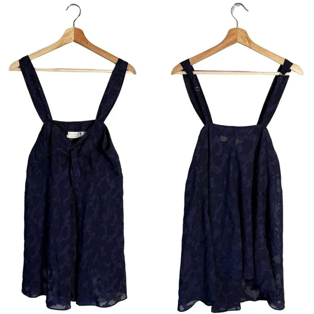 Vtg Victoria's Secret Sheer Babydoll Chemise Dress Women's Small Navy Gold Label